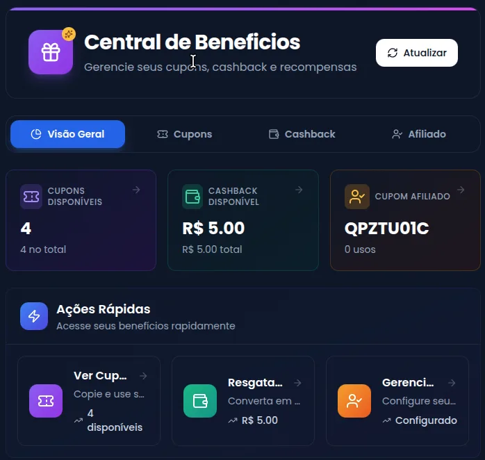 Benefits panel with available coupons and R$ 5.00 cashback