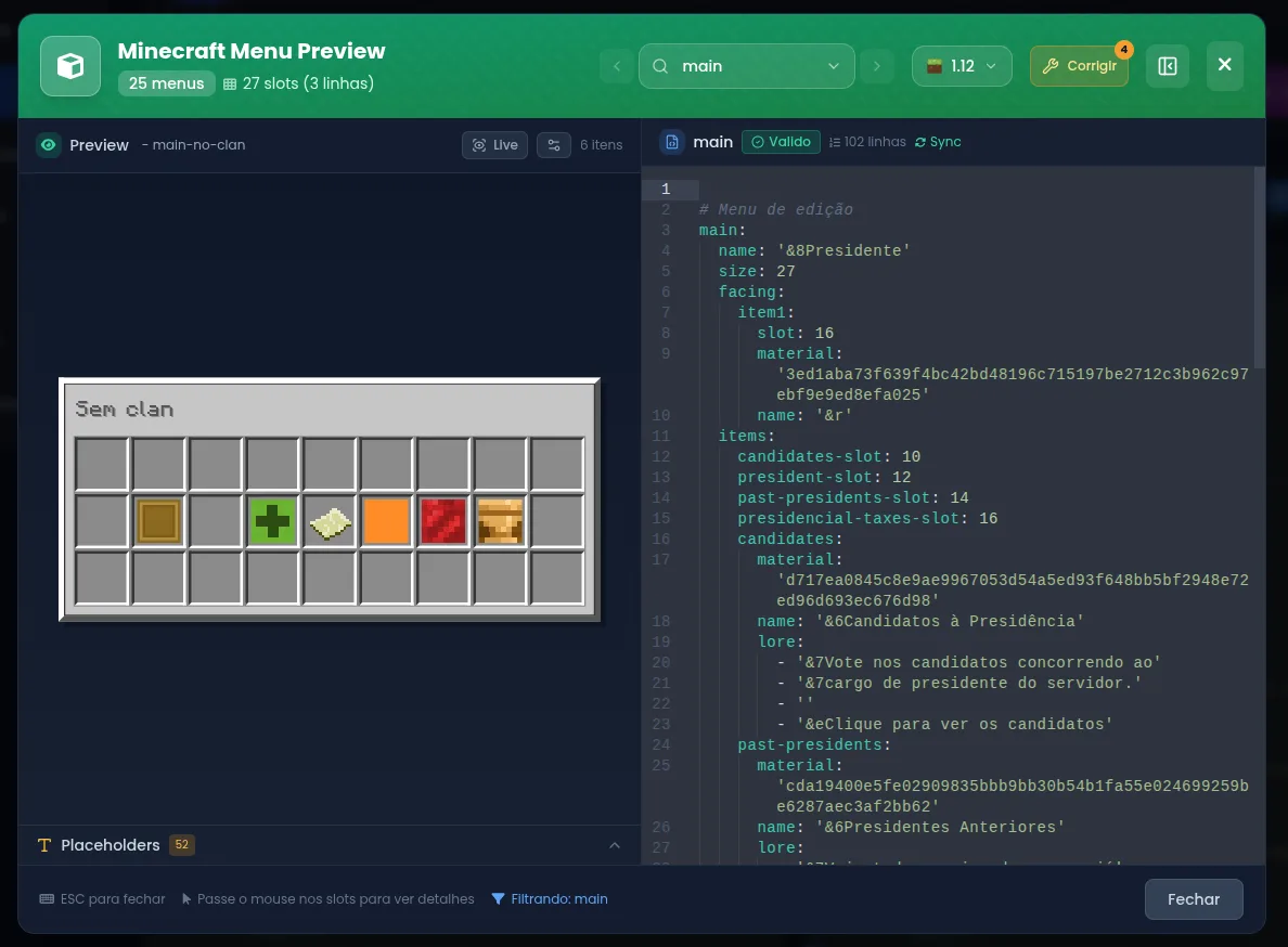 Preview of a Minecraft menu generated from a YAML config