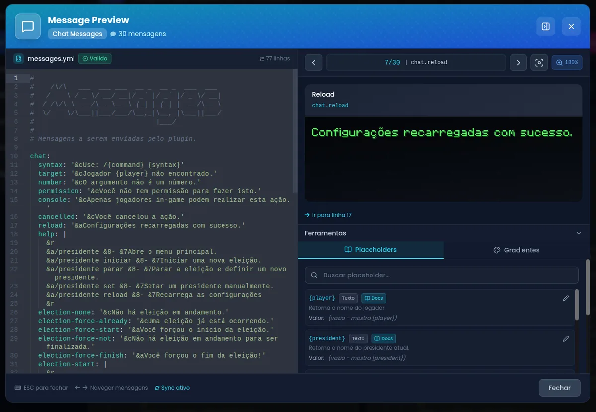 Preview of chat messages from a messages.yml file